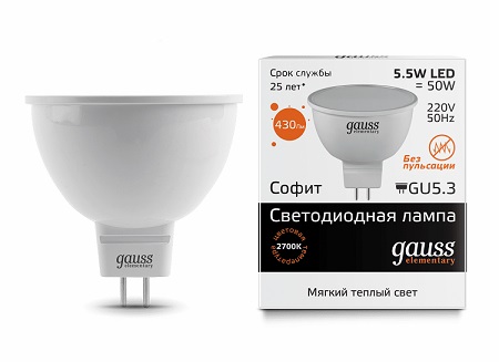 Лампа светодиодная Gauss Elementary MR16 Софит GU5.3 220В 5,5Вт 430Лм 2700К 50х45мм фото Лампа светодиодная Gauss Elementary MR16 Софит GU5.3 220В 5,5Вт 430Лм 2700К 50х45мм картинка